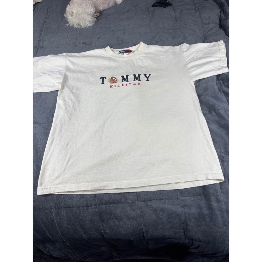 Vintage Tommy Hilfiger Crest Logo T-Shirt Mens XL Cream Made in USA‎ 90s Cotton
